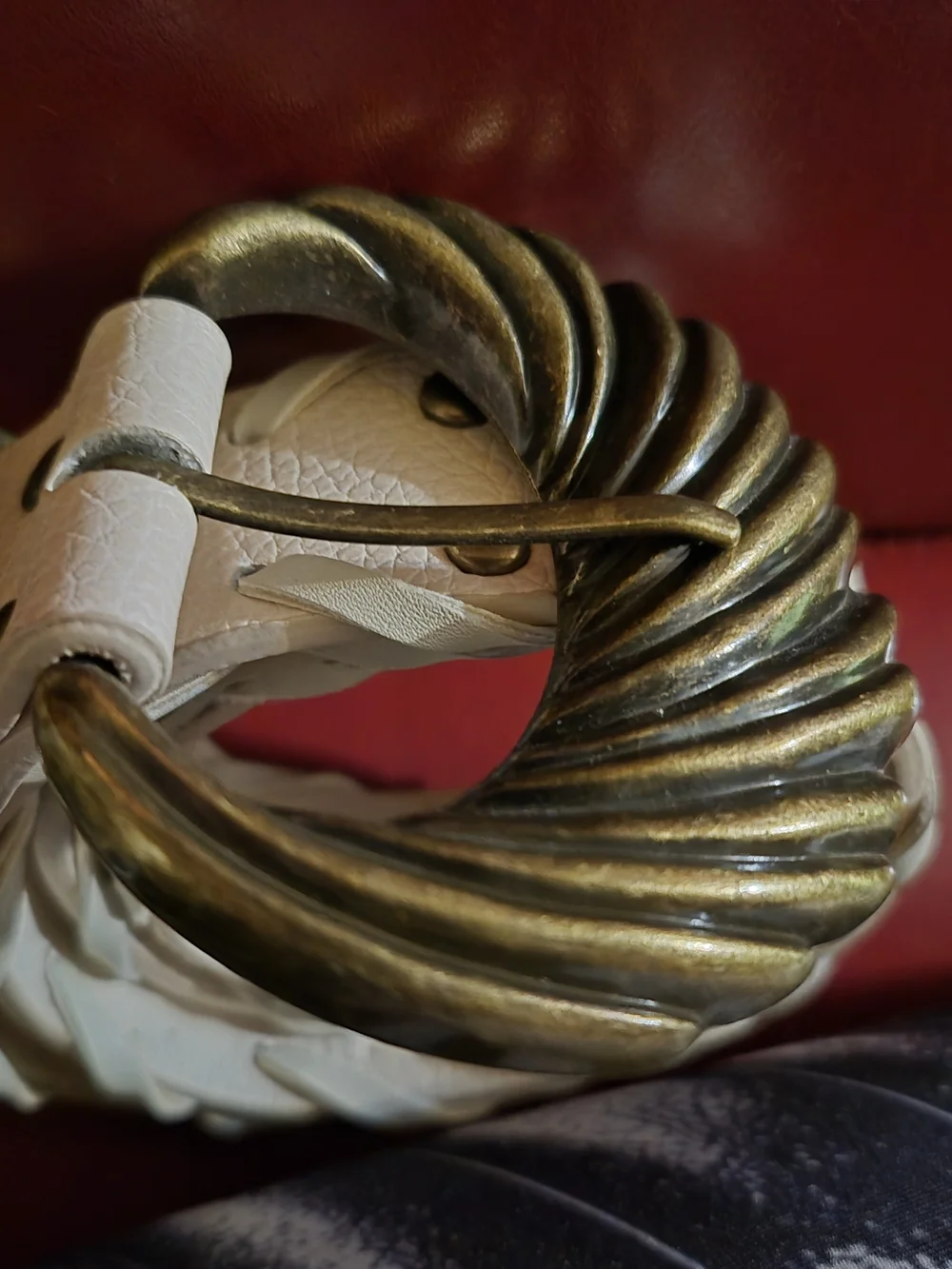 White Leather Belt with Antique Brass Twisted Buckle - Venus